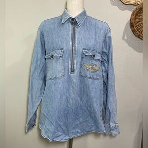 Womens VTG Harley Davidson Shirt Half Zip Pullover Denim Shirt Embroidered Med